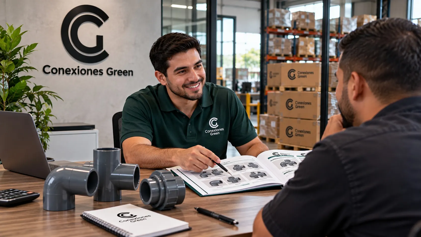 Asesor de Conexiones Green orientando a un cliente con el catálogo de productos