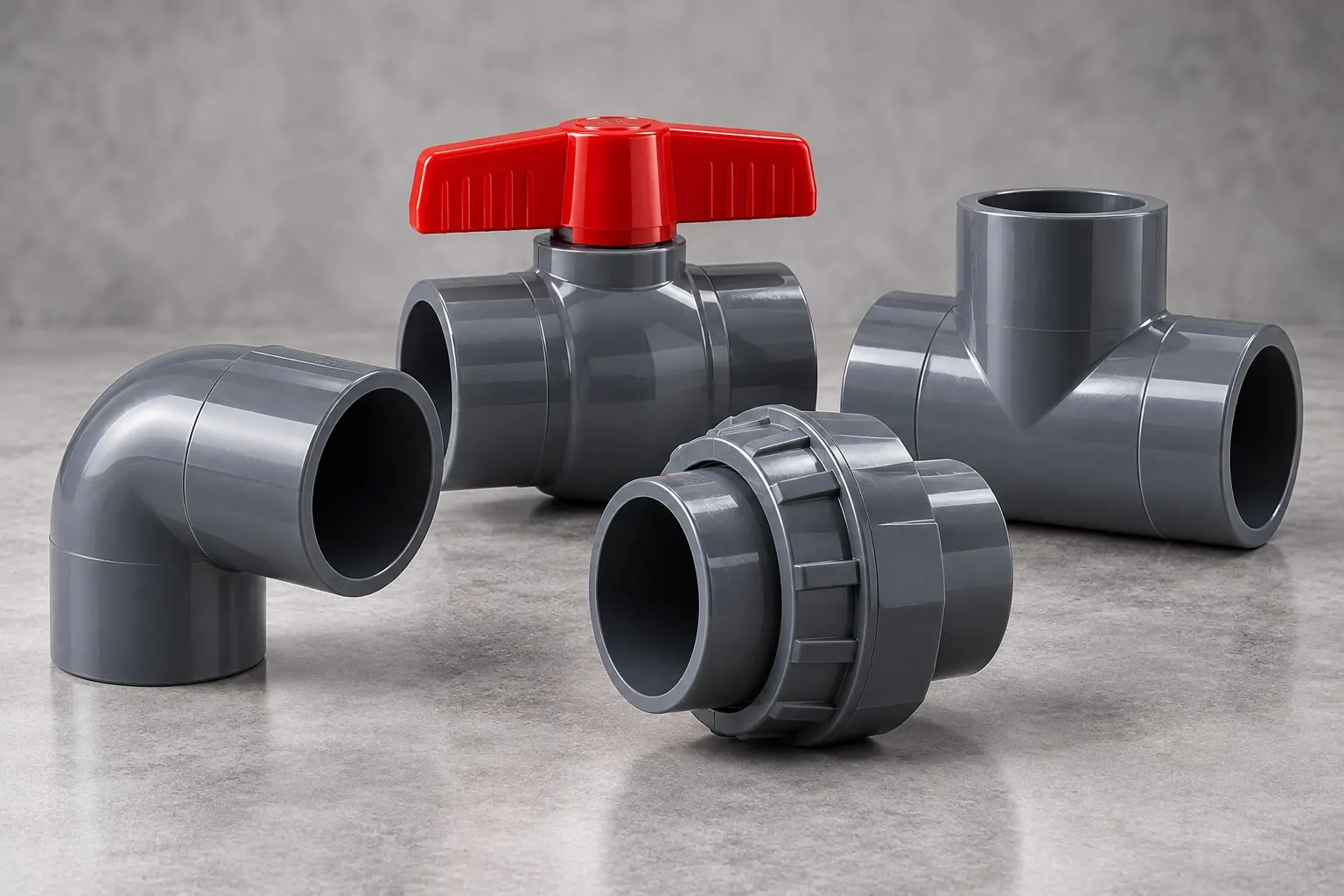 Conexiones PVC grises: codo, tee, unión universal y llave de bola con manilla roja