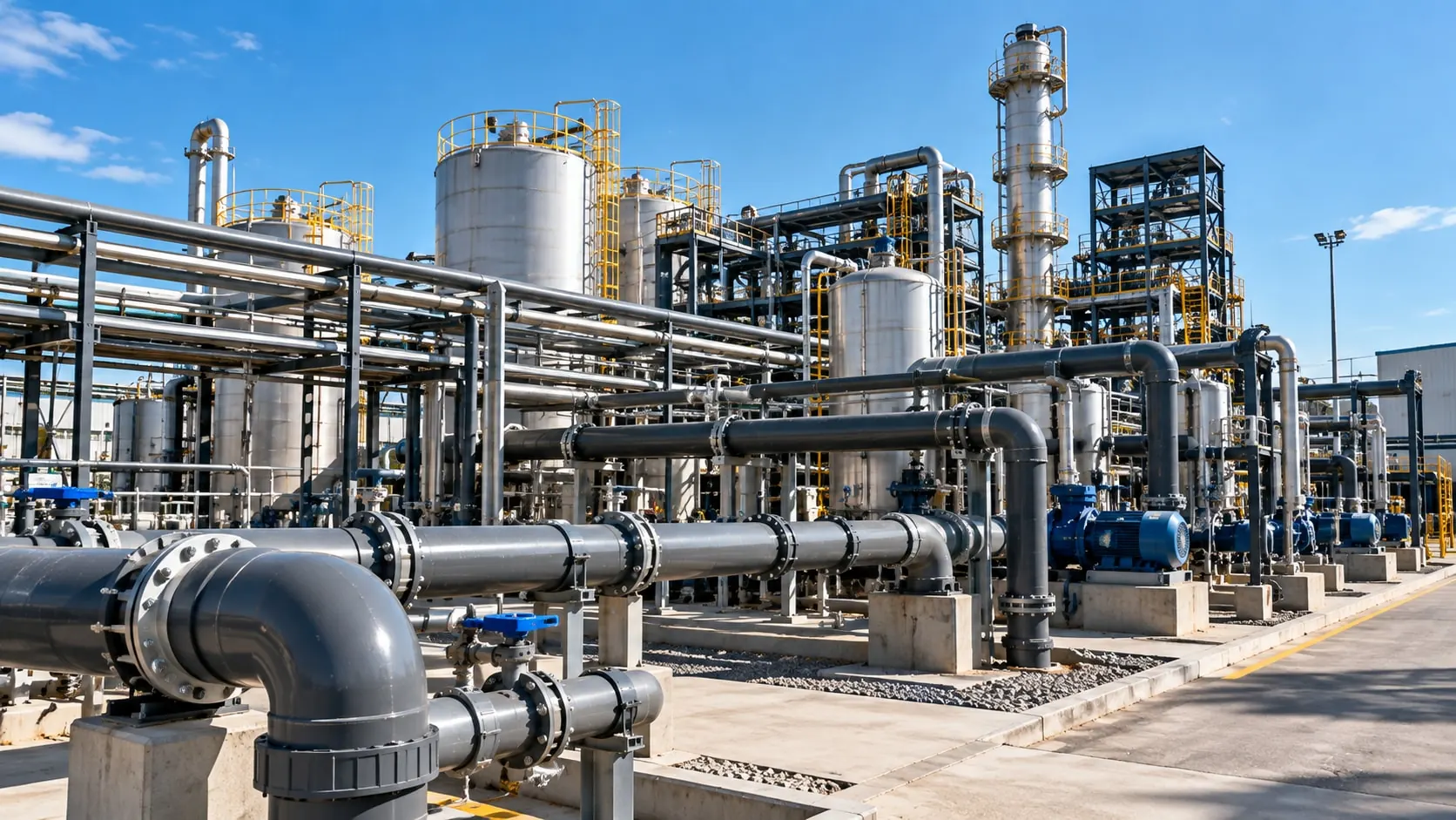 Planta industrial con redes de tuberías, bombas y tanques